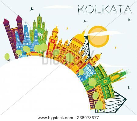 Kolkata India Skyline with Color Buildings, Blue Sky and Copy Space. Business Travel and Tourism Concept with Historic Buildings. Kolkata Cityscape with Landmarks.