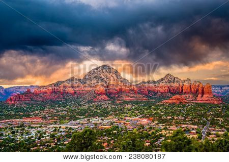 Sedona, Arizona, USA downtown and mountains.