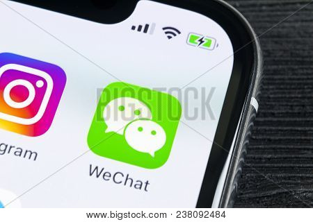 Sankt-petersburg, Russia, April 27, 2018: Wechat Messenger Application Icon On Apple Iphone X Smartp