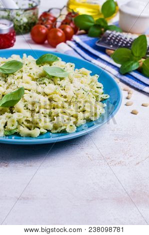 Traditional Italian Pasta With Pesto In A Plate On The Table. Selective Focus.