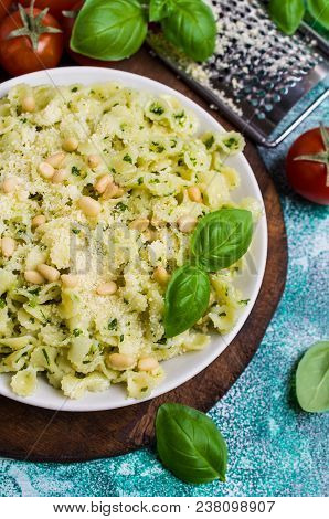 Traditional Italian Pasta With Pesto In A Plate On The Table. Selective Focus.
