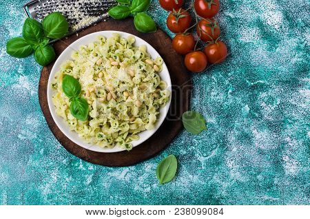 Traditional Italian Pasta With Pesto In A Plate On The Table. Selective Focus.
