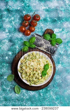 Traditional Italian Pasta With Pesto In A Plate On The Table. Selective Focus.