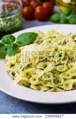 Traditional Italian Pasta With Pesto In A Plate On The Table. Selective Focus.