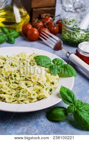 Traditional Italian Pasta With Pesto In A Plate On The Table. Selective Focus.