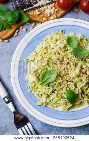 Traditional Italian Pasta With Pesto In A Plate On The Table. Selective Focus.