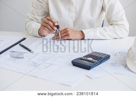 Workplace Items Tools For Project, Architect Or Engineer Working On Blueprint For Architectural Proj