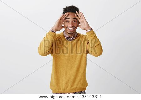 Guy Did Not Expact To See Long Time Friend On B-day Party. Thrilled Pleased Dark-skinned Male Studen