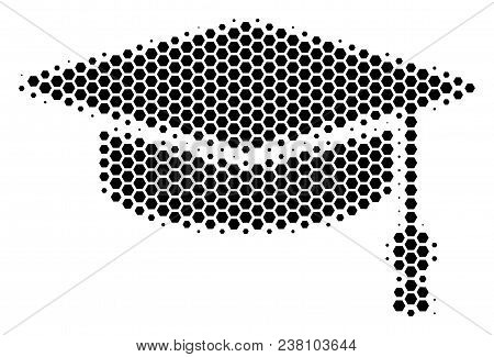 Halftone Hexagonal Graduation Cap Icon. Pictogram On A White Background. Vector Collage Of Graduatio