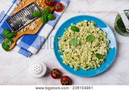 Traditional Italian Pasta With Pesto In A Plate On The Table. Selective Focus.
