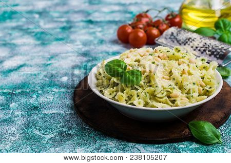 Traditional Italian Pasta With Pesto In A Plate On The Table. Selective Focus.