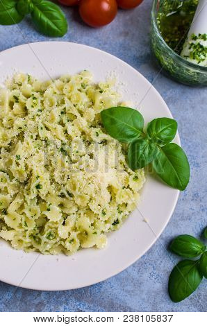 Traditional Italian Pasta With Pesto In A Plate On The Table. Selective Focus.