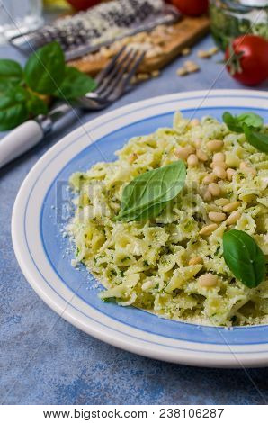 Traditional Italian Pasta With Pesto In A Plate On The Table. Selective Focus.