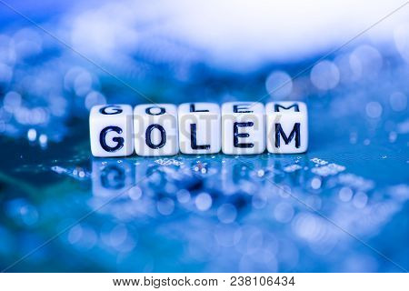 Word Golem Formed By Alphabet Blocks On Mother Cryptocurrency Closeup