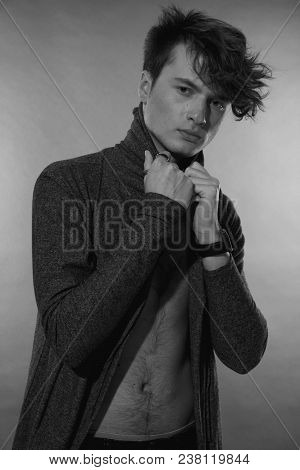 Man Portrait. Beautiful Young Guy, Naked Nude Torso With Navel, Long Forelock, Quiff. Black And Whit