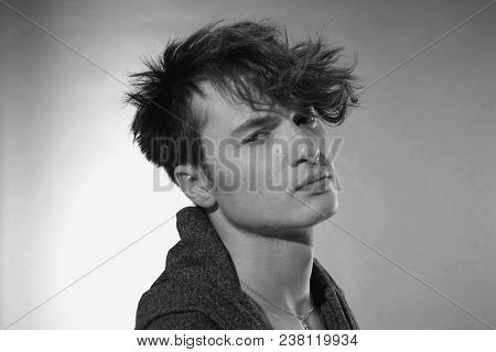 Man Face Close Up. Beautiful Young Guy With Long Forelock, Quiff. Black And White Handsome Male Port
