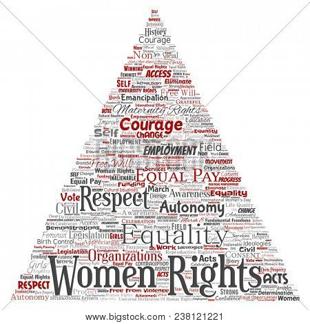 Conceptual women rights, equality, free-will triangle arrow red word cloud isolated background. Collage of feminism, empowerment, integrity, opportunities, awareness, courage, education concept