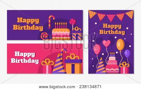 Collection Of Happy Birthday Banners. Set Of Greeting Templates. Invitation Cards To The Party. Vect