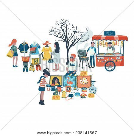 People Shopping And Selling Clothes, Secondhand Stuffs And Foods At The Market Fair, All In Colorful