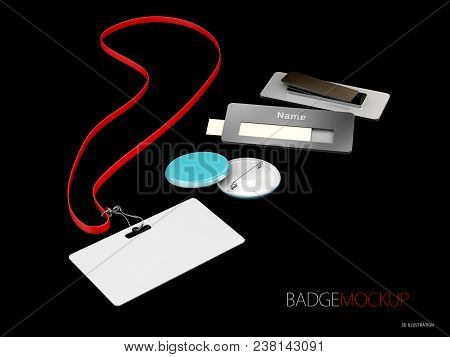 3d Illustration Of Blank White And Red Badges. Pin Button, Realistic Mockup, Isolated Black.