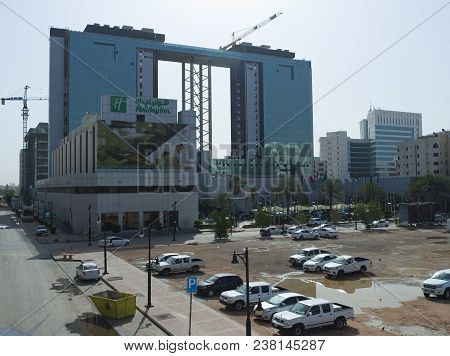 Construction Of New Modern Glass Twin Towers In Olaya District Early In The Morning In Riyadh, Saudi