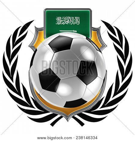 3D illustration of a soccer crest with the Saudi Arabian flag and a soccer ball