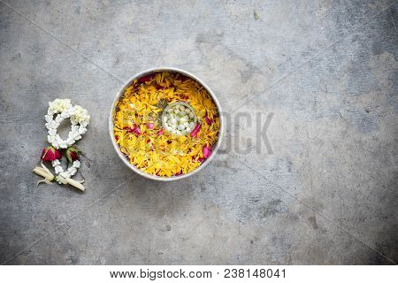 Water In Bowl Mixed With Perfume And Flowers Corolla For Songkran Festival In Thailand.
