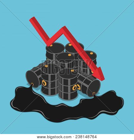 Flat 3d Isometric Oil Barrels With Falling Graph. Oil Price Decrease And Petroleum Industry Concept.