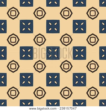 Seamless Illustrated Pattern Made Of Abstract Elements In Bege, Blue And Brown