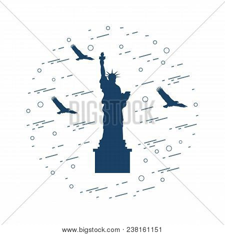 Statue Of Liberty And Silhouettes Of A Soaring Eagles Arranged In A Circle. New York Landmark. Ameri