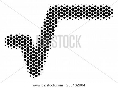 Halftone Hexagon Sqrt Icon. Pictogram On A White Background. Vector Composition Of Sqrt Icon Constru