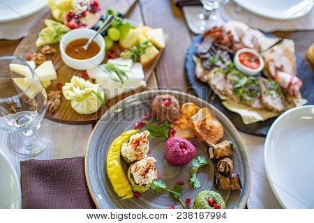 Pkhali Appetizers On Plate In Restaurant, Georgian Dish. Served Table Et The Restaurant