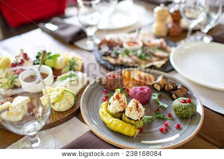 Pkhali Appetizers On Plate In Restaurant, Georgian Dish. Served Table Et The Restaurant