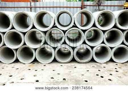 Closeu Up Concrete Pipes Suitable For Construction Concept.