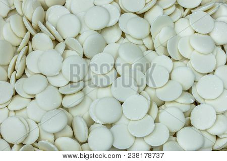 White Chocolate Callets Texture Background Close-up View