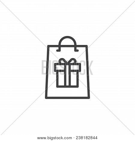 Shopping Bag With Gift Box Outline Icon. Linear Style Sign For Mobile Concept And Web Design. Gift B