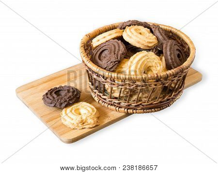 Vanilla And Cocoa Cookies In The Basket On The Wooden Tray, Isolated On White Background