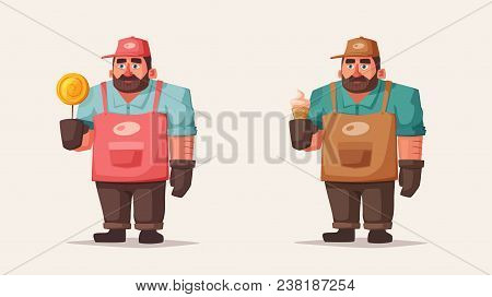 Street Food And Beverages Funny Hawker. Cartoon Vector Illustration. Seller Or Chef Character. Big A