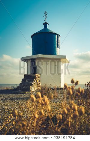 View Of Small Blue Chapel On The Black Sea Coast On The Peninsula Bolshoy Utrish, Krasnodarskiy Regi