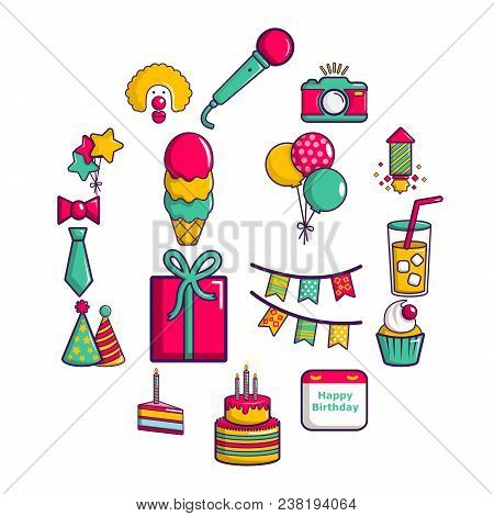 Happy Birthday Icons Set. Cartoon Illustration Of 16 Happy Birthday Vector Icons For Web