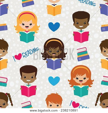 Vector Reading Kids Seamless Pattern Background. Surface Pattern Design Perfect For Fabric, Scrapboo