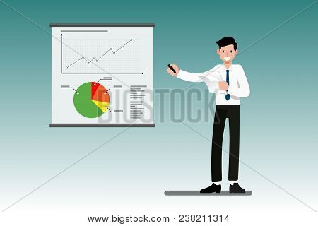 Businessman Presenting The Total Year Profit On A Presentation Screen Whiteboard Explaining Charts, 
