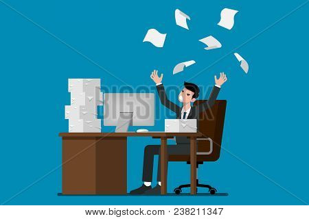 Businessman Tired And Stress At The Desk By A Lot Of Work. Flat Vector Illustration Design Of Employ