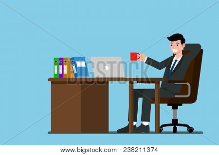Businessman Work Relax At The Desk And Drink A Cup Of Coffee. Flat Vector Illustration Design Of Emp