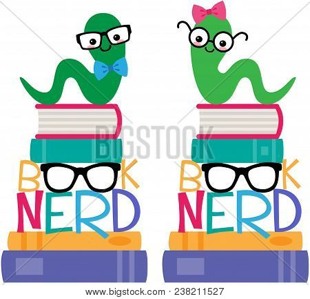 Vector Book Worm Book Nerd Graphic Set. Cute Vector Illustrations Perfect For School, Kids, Scrapboo