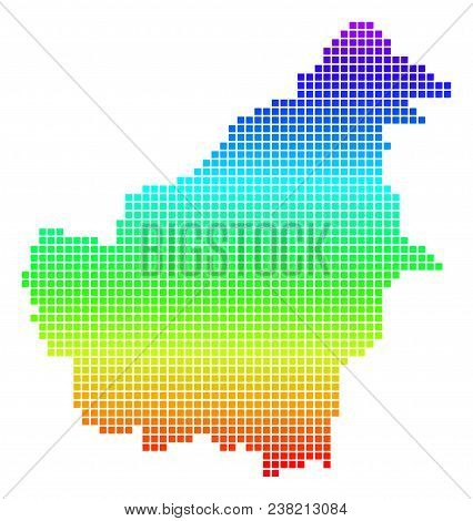 Bright Rainbow Dot Borneo Island Map. Vector Geographic Map In Bright Spectral Colors With Vertical 