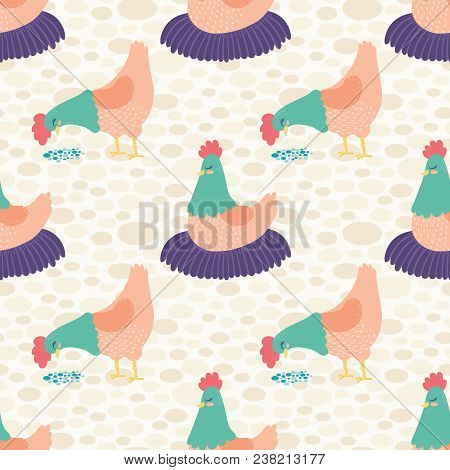 Vector Bright Cream Hens Seamless Pattern Background. Surface Pattern Design Perfect For Fabric, Scr