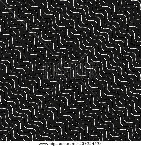Diagonal Thin Wavy Lines Vector Seamless Pattern. Subtle Black Monochrome Background, Simple Geometr