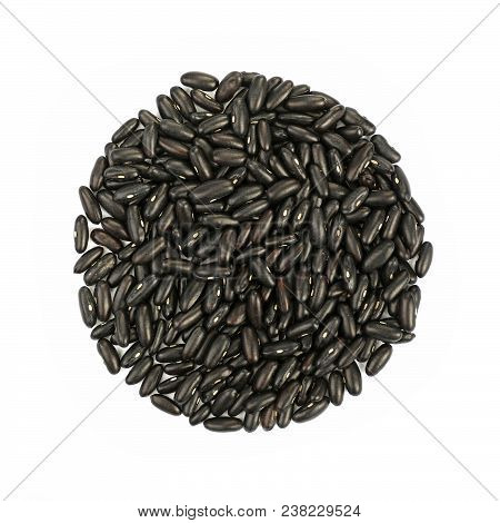 Round Shaped Black Frigole Kidney Beans Isolated On White Background, Close Up, Elevated Top View