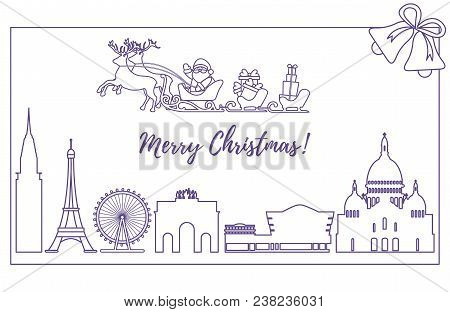 Santa Claus With Christmas Presents In Sleigh With Reindeers Over Famous Buildings And Constructions